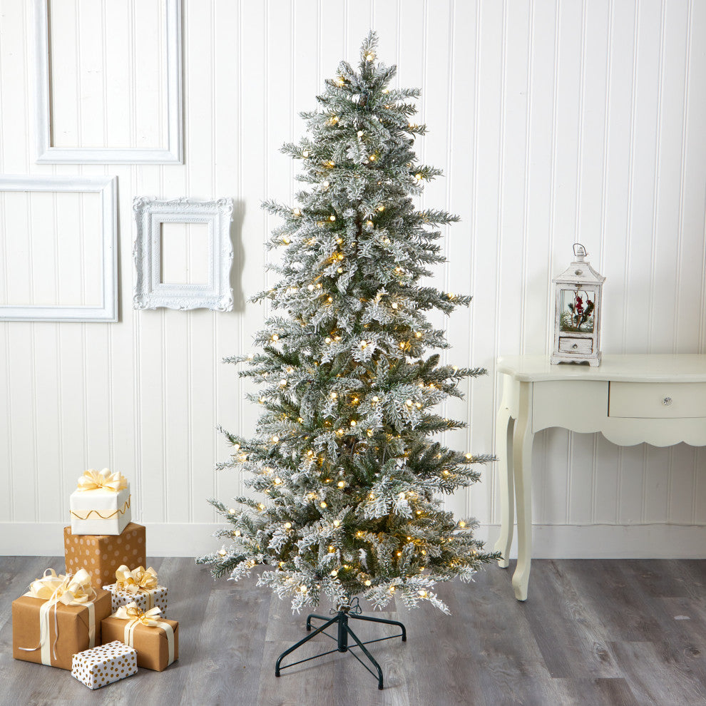 6.5' Slim Flocked Nova Scotia Spruce Faux Xmas Tree W/Lights & Bendable Branches