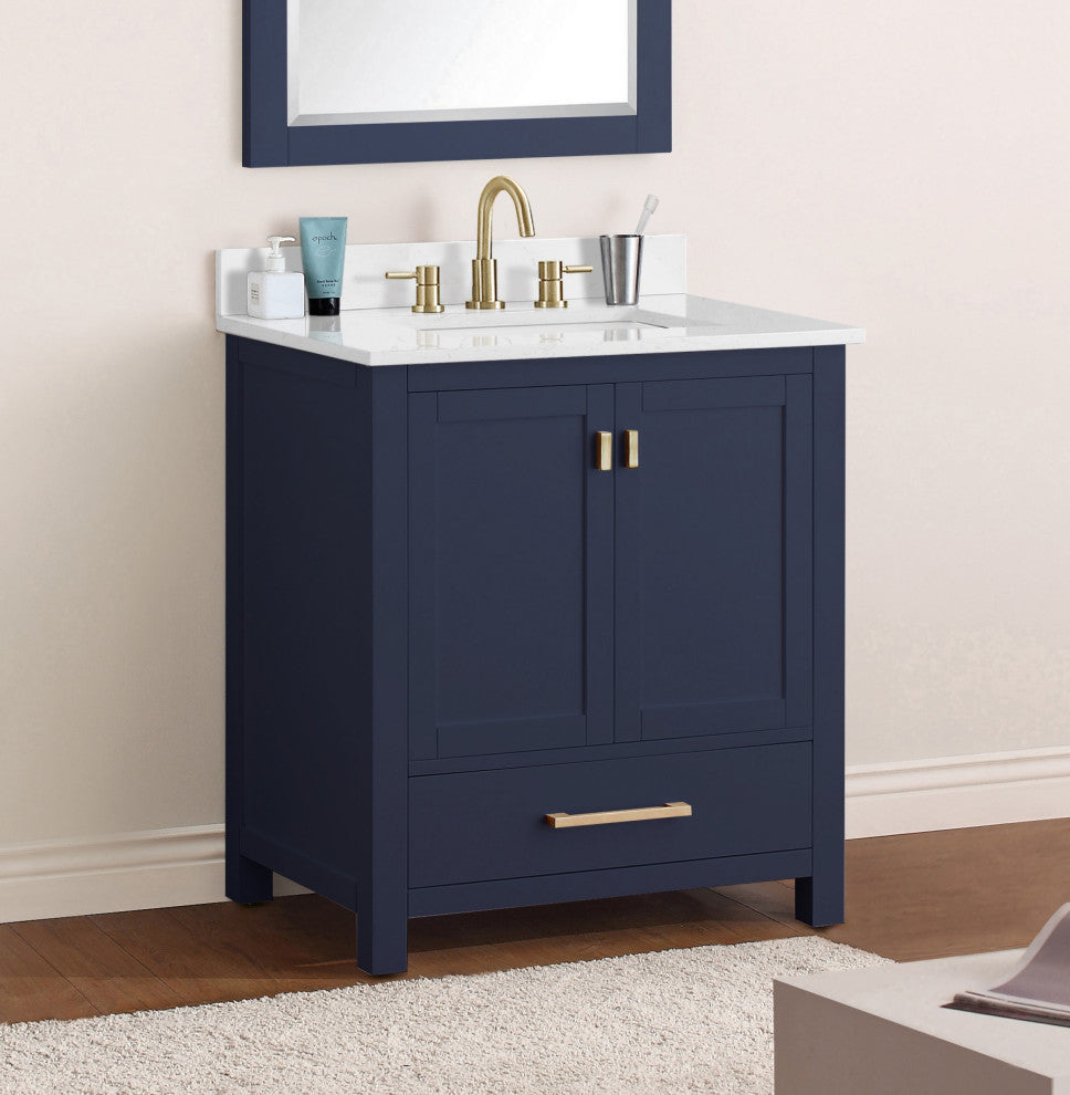 Avanity Modero Bath Vanity, Navy Blue, 31", Single Sink, Cala White Engineered S