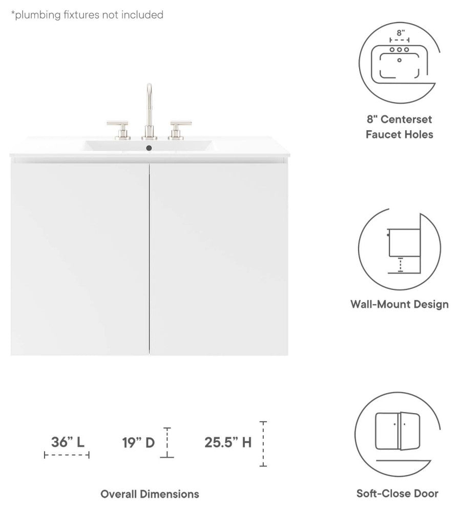 Bryn 36" Wall-Mount Bathroom Vanity, White White