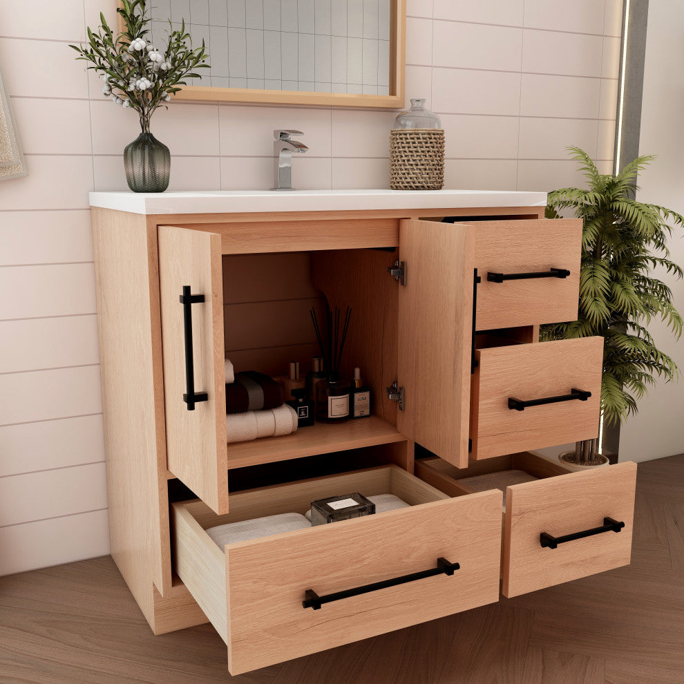 Victoria 36" Solid Wood Bath Vanity Right Side Drawers, Red Oak