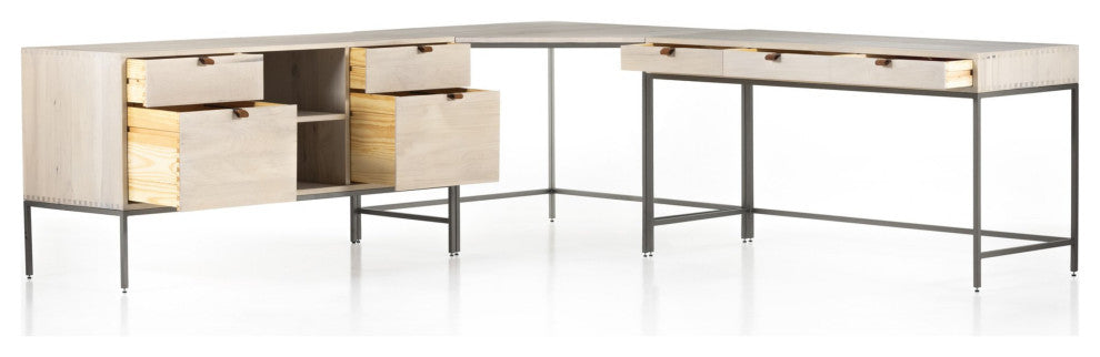 Trey Desk System With Filing Credenza Dove Poplar, Natural Iron, Toffee Leather