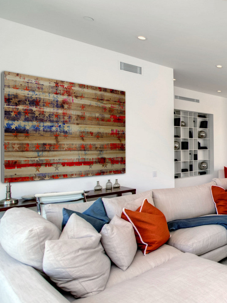 "Stars and Stripes" Print on Natural Pine Wood, 36"x24"