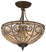 3-Light Antiqued Rust Crystal Semi Flush Ceiling Light