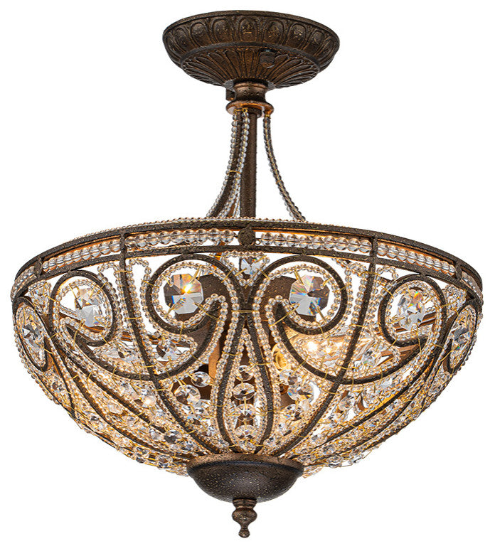 3-Light Antiqued Rust Crystal Semi Flush Ceiling Light