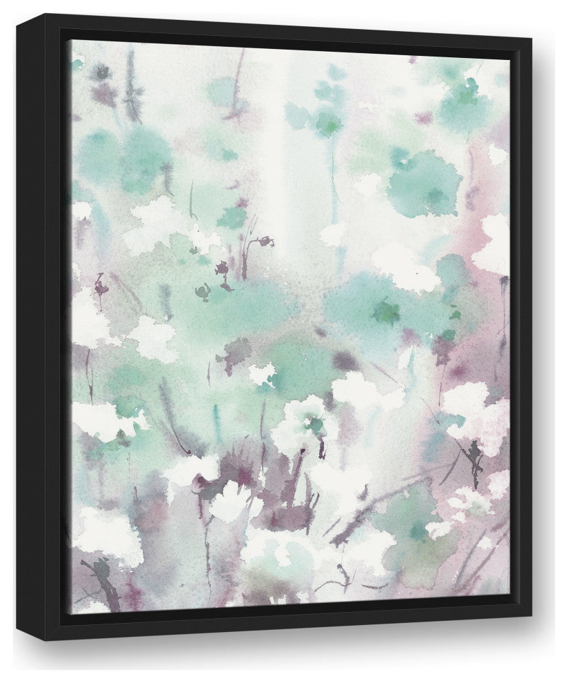 Hazy Mint Lilac Floral 16x20 Black Floating Framed Canvas