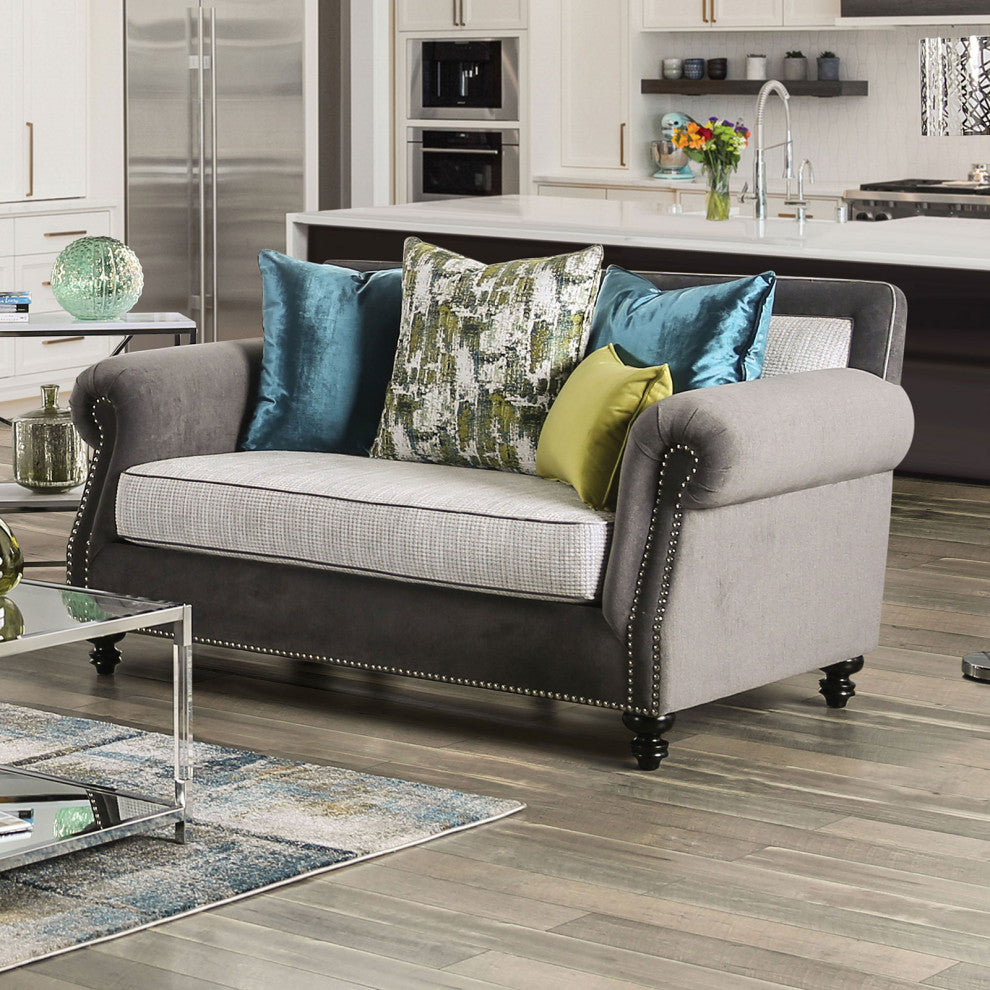 Wooden and Microfiber Loveseat with Nailhead Trim, Gray