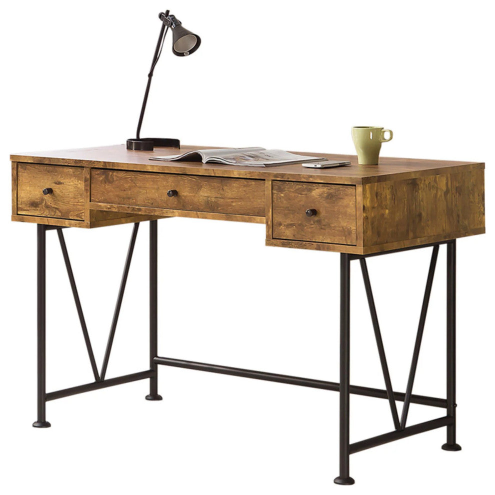 Rustic Industrial Desk, 2 Side Small Drawers & Center Large Drawer, Black/Oak