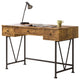 Rustic Industrial Desk, 2 Side Small Drawers & Center Large Drawer, Black/Oak