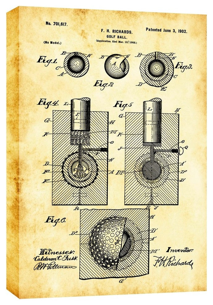 Epic Graffiti "Golf Ball Vintage Patent Blueprint" Giclee Canvas Art, 18"x26"