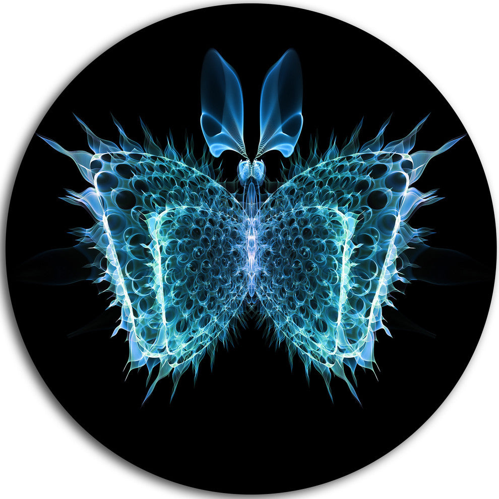 Blue Fractal Butterfly In Dark, Abstract Art Disc Metal Wall Art, 23"