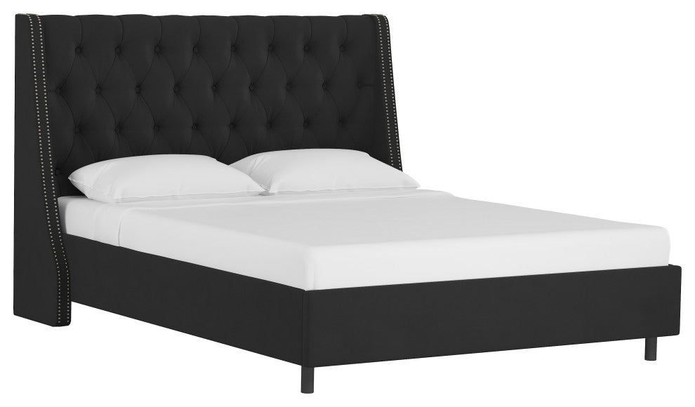 Williams California King Nail Button Diamond Wingback Platform Bed, Velvet Black