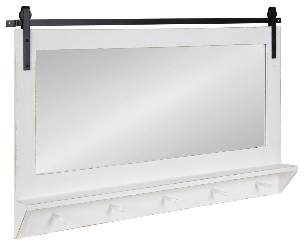 Cates Framed Wall Mirror with Shelf and Hooks, White 42x27