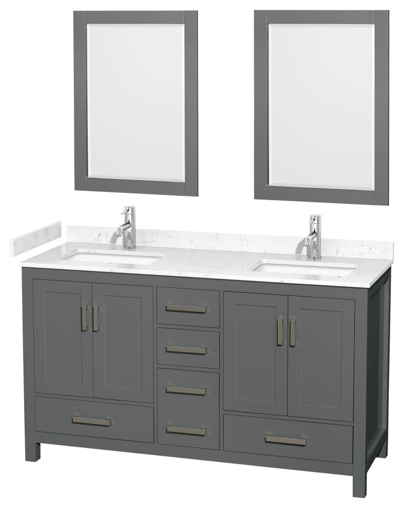 60"DBL Vanity Dark Gray, Carrara Cult. Marble Countertop, Sinks, 24"Mirrors