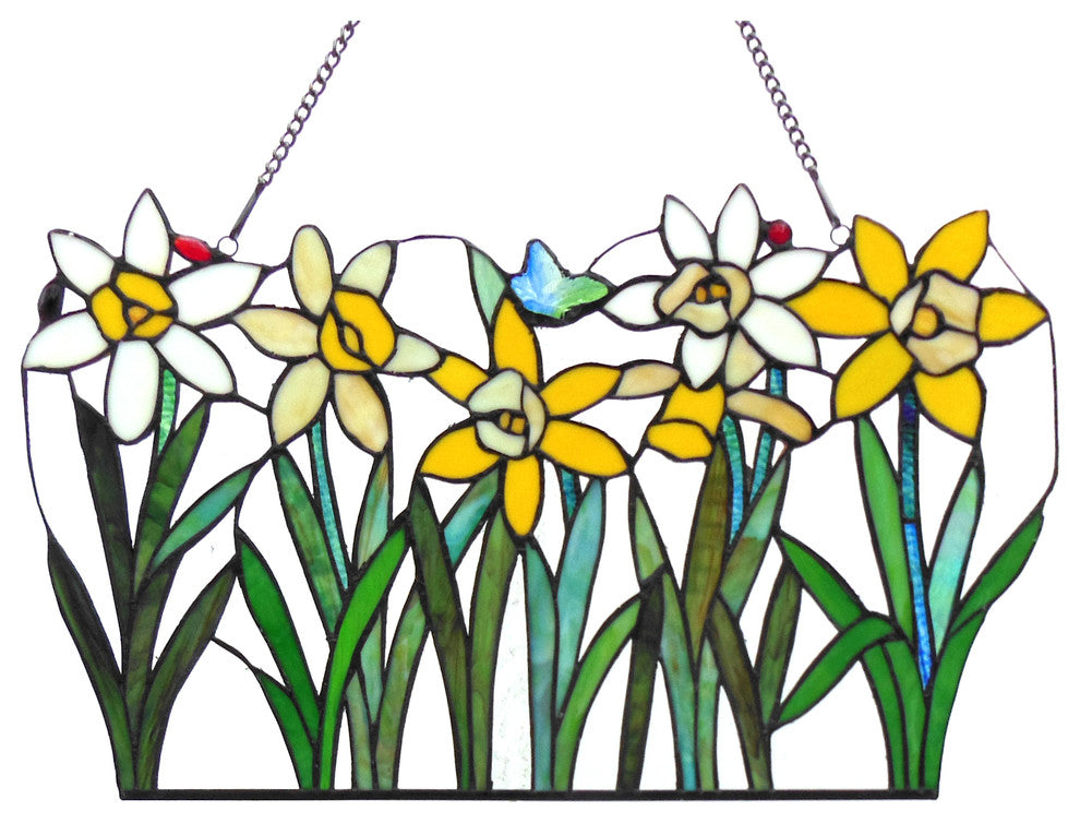 Daisy, Tiffany-Glass Flowers Window Panel 23" Wide