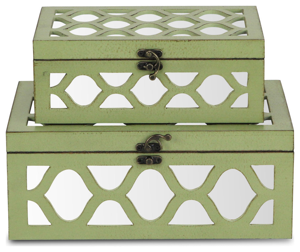 Moroccan Mirrored Wooden Boxes, Blue, Set of 2, Green