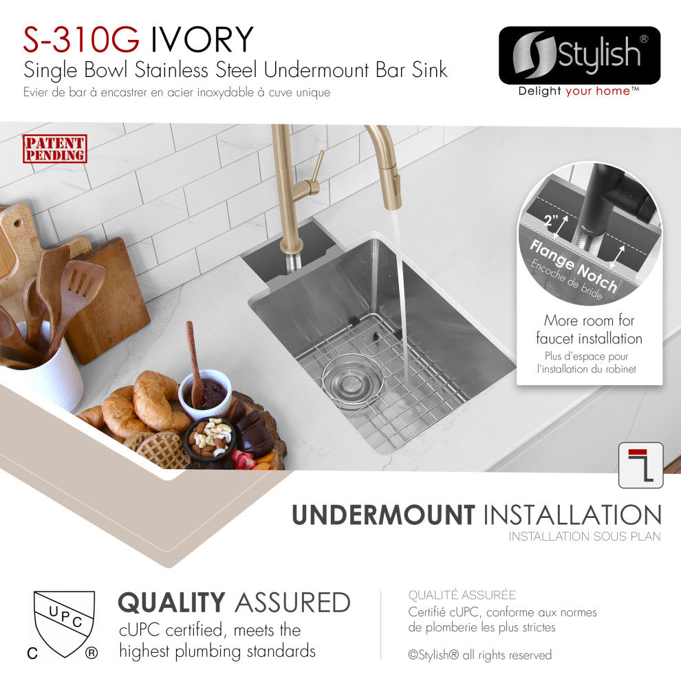 STYLISH 14" Single Bowl, 18 Gauge, Stainless Steel Kitchen Sink S-310G- Ivory