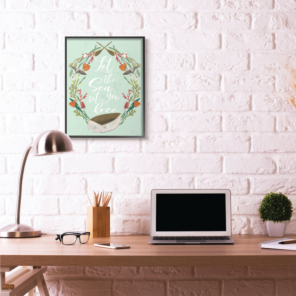 Sea Set You Free Boat Birds Ocean Beach Word Design, 24"x30", Black Frame