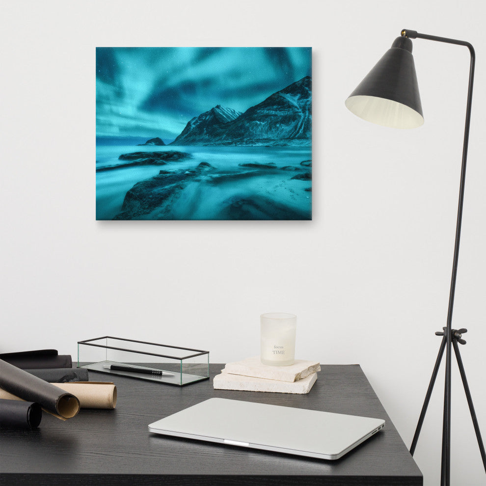 Blue Northern Lights and Mountain Coast Landscape Photo Canvas Wall Art Prints, 16" X 20"