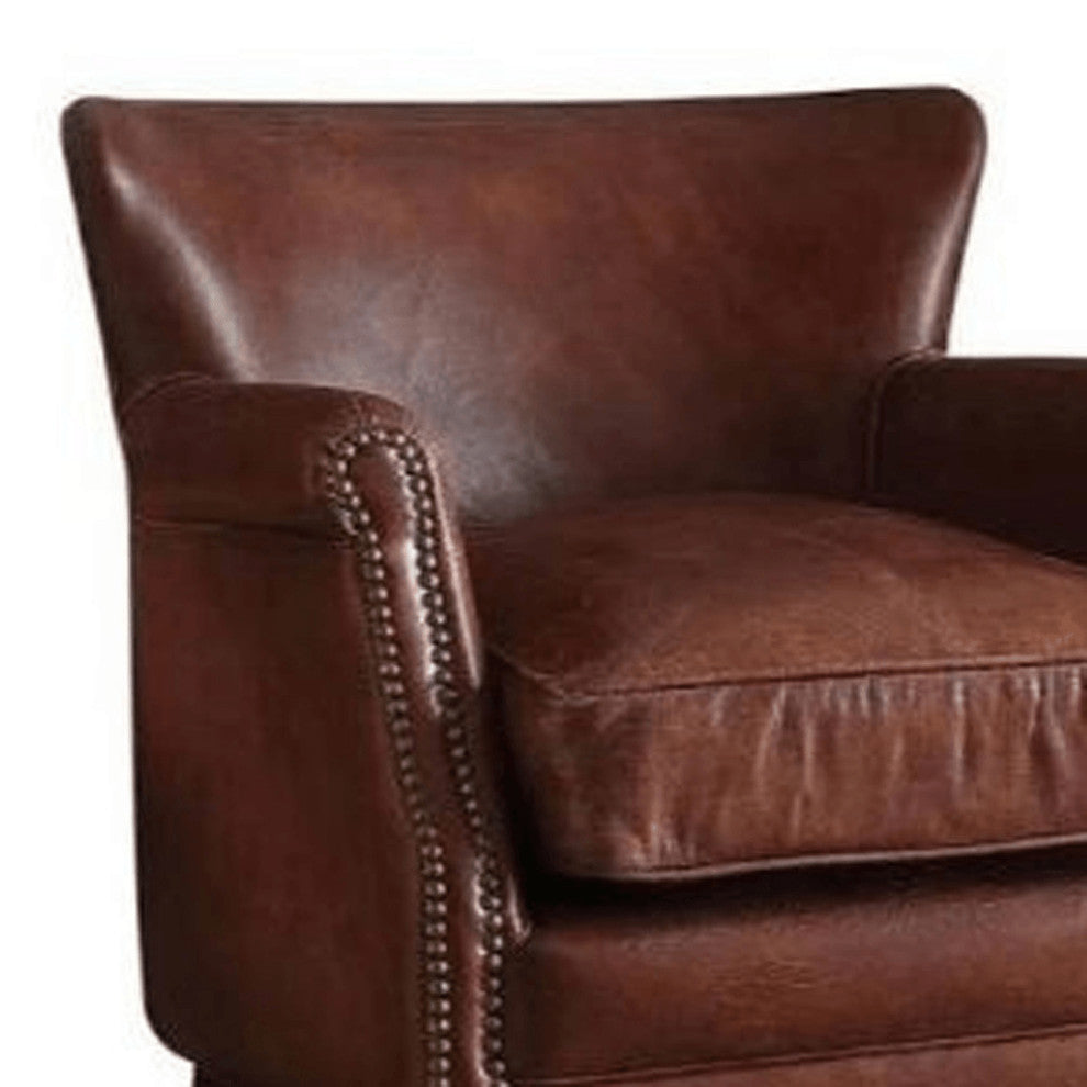 24" Vintage Dark Brown Top Grain Leather And Brown Solid Color Wingback Chair