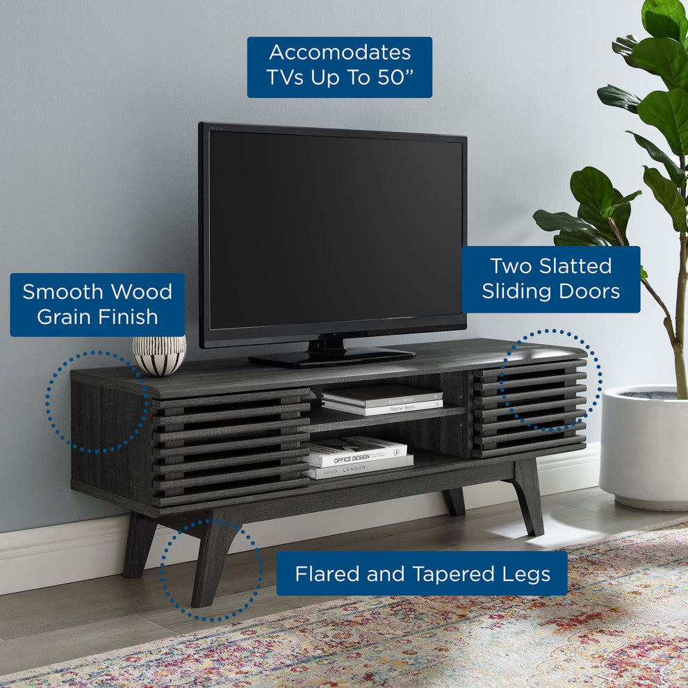 Media TV Stand Console Table, Wood, Dark Grey Gray, Modern, Lounge Hospitality