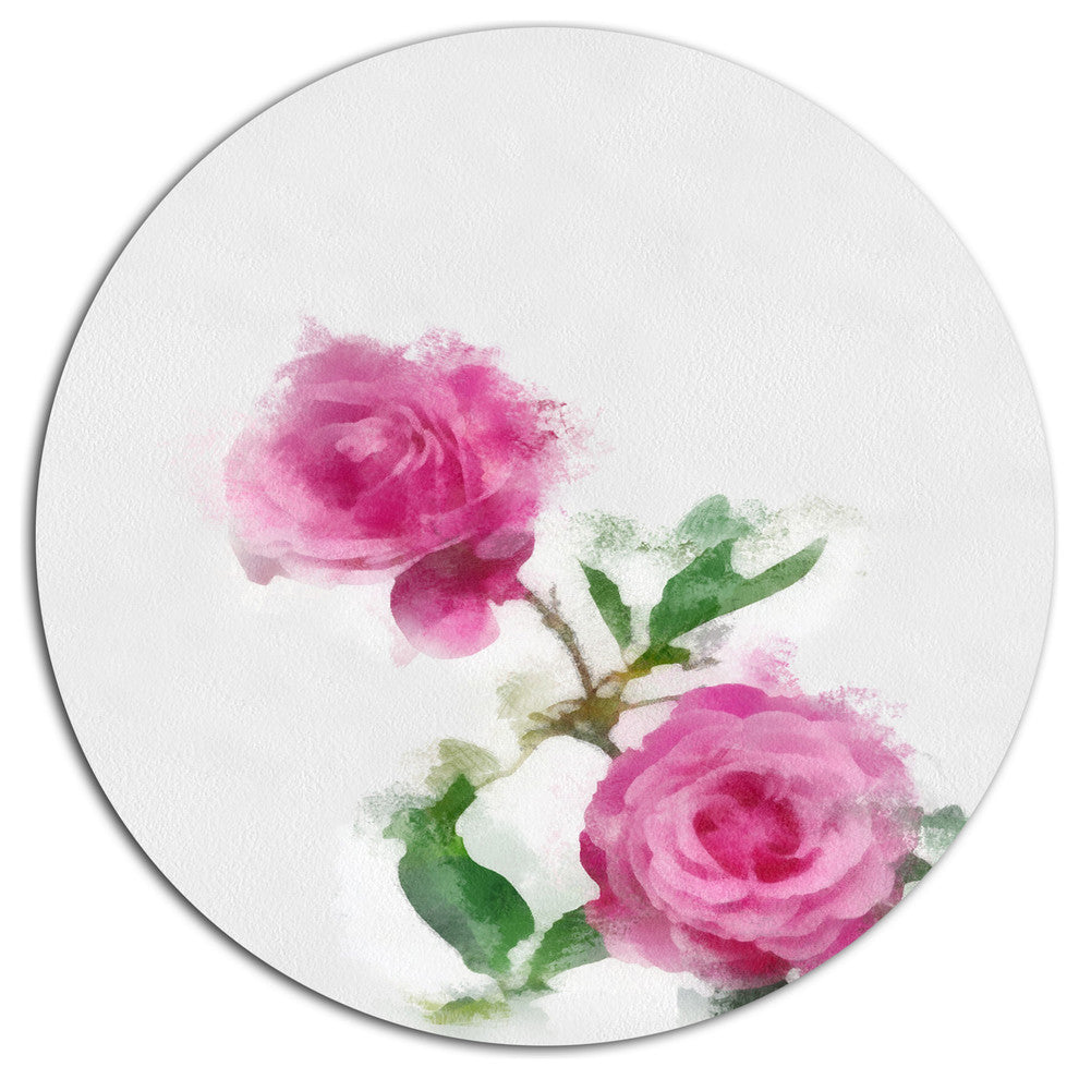 Rose Stem With Pair Of Roses, Floral Round Metal Wall Art, 11"