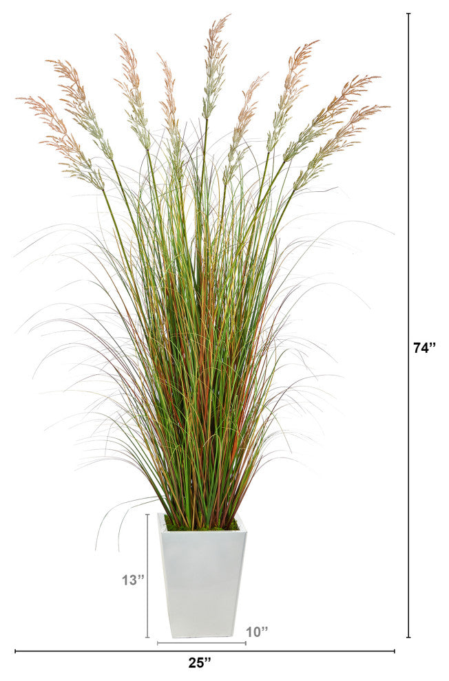 74" Grass Artificial Plant, White Metal Planter