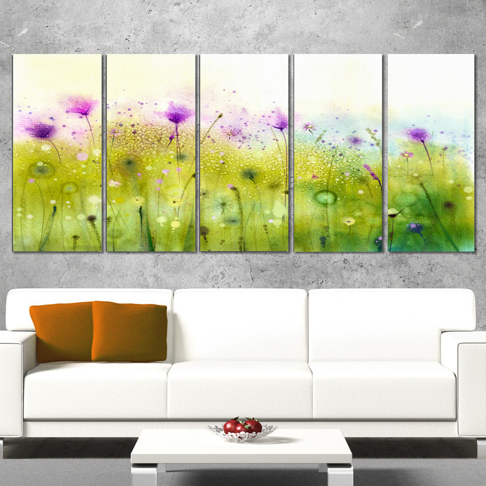 "Green Purple Abstract Cosmos of Flowers" Flower Wall Art, 5 Panels, 60"x28"