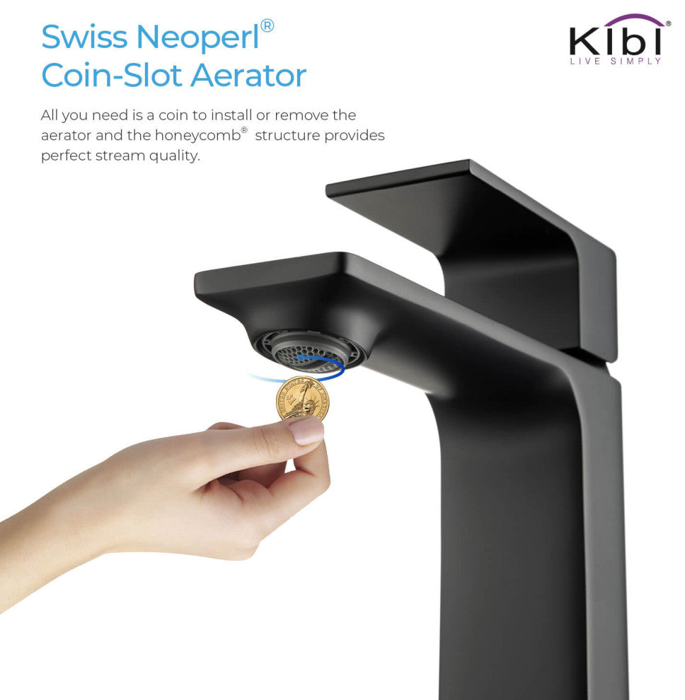 KIBI Mirage Single Handle Bathroom Faucet, Matte Black, With Drain
