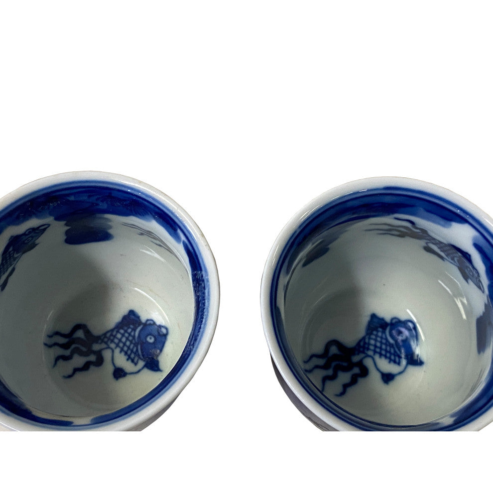 Pair Chinese Handmade Porcelain Blue White Fishes Graphic Cup Hws1353