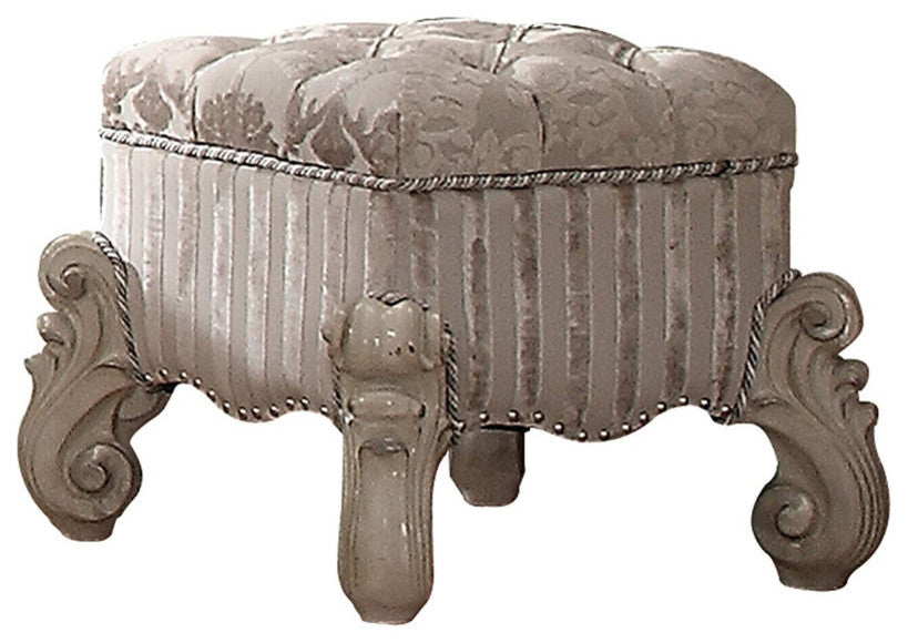 Tufted Fabric Upholstered Wooden Vanity Stool with Scrolled Legs, Bone White