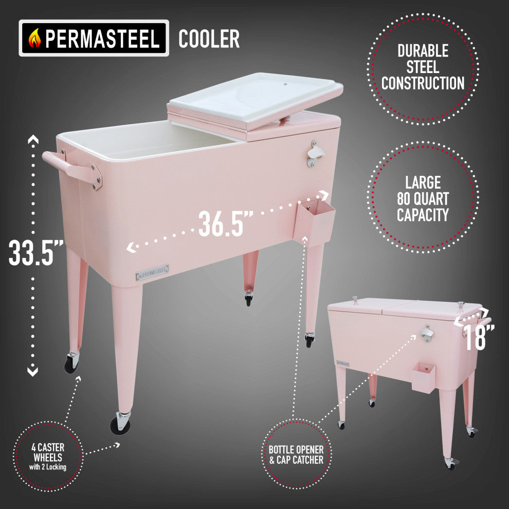 Permasteel 80 Quart Portable Rolling Patio Cooler, Pink