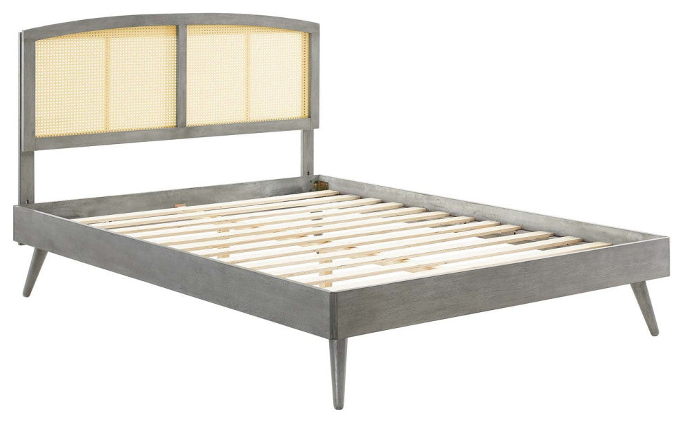 Cane Bed, Woven Rattan Bed, Art Moderne Curve Platform Bed, Grey, Full