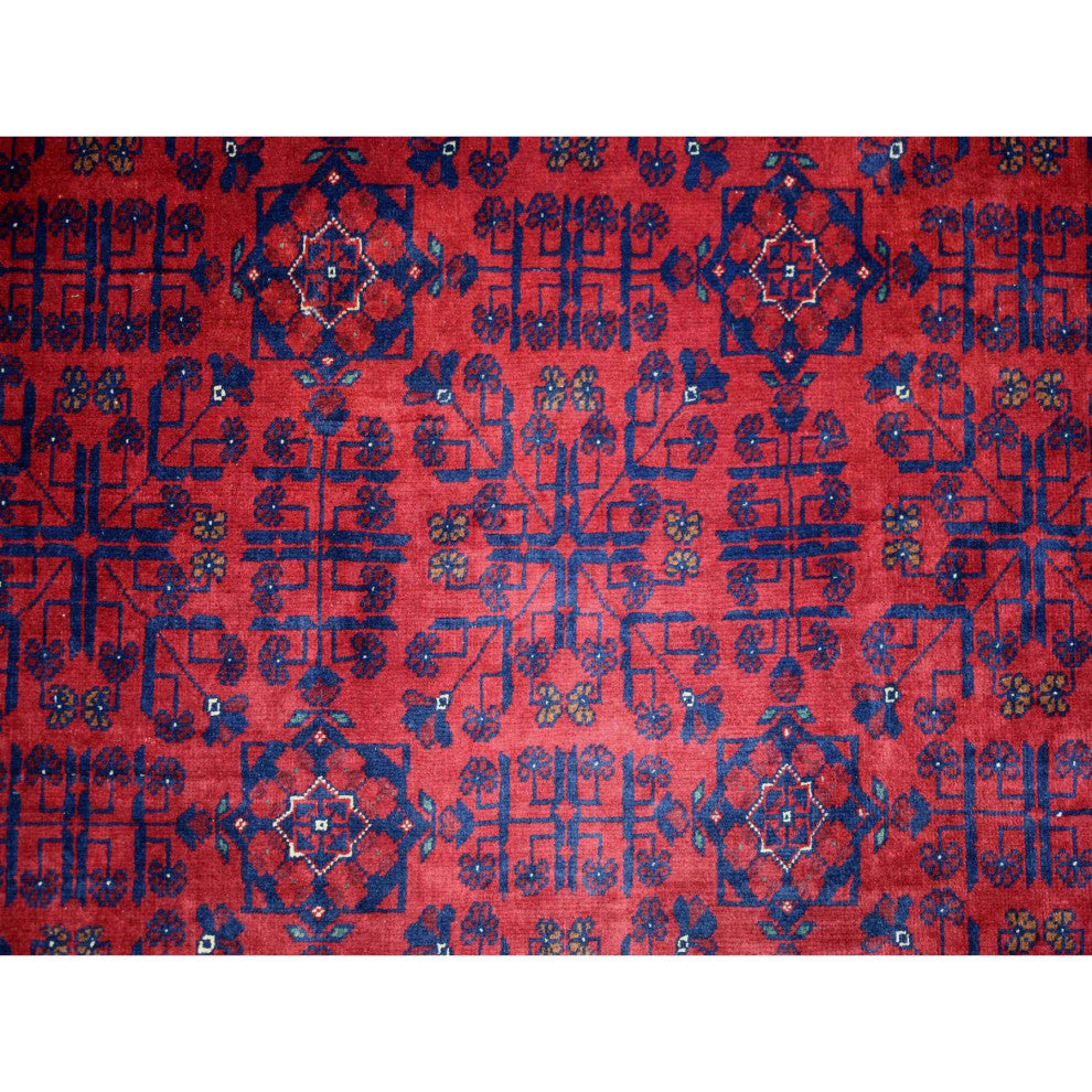 Red Hand Knotted Soft Shiny Wool Afghan Khamyab Geometric Design Rug, 10'x12'10"