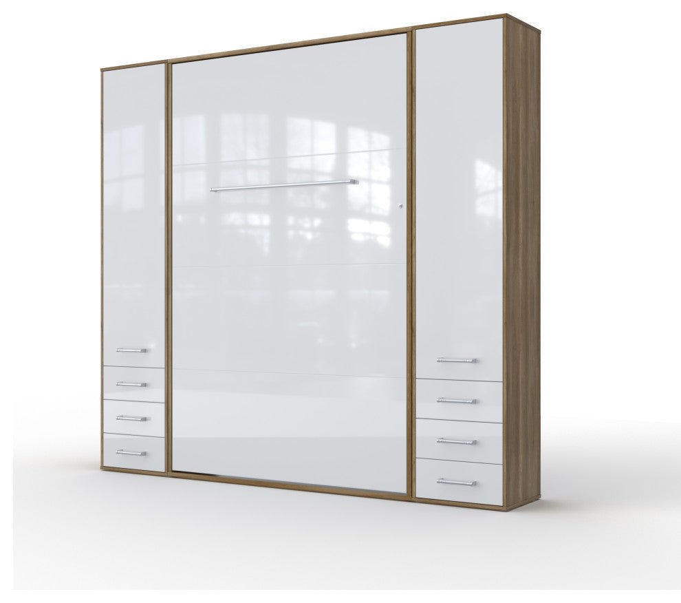 INVENTO Vertical Wall Bed With 2 Cabinets, Oak Country/White, With Mattress 63 X 78.7 Inch