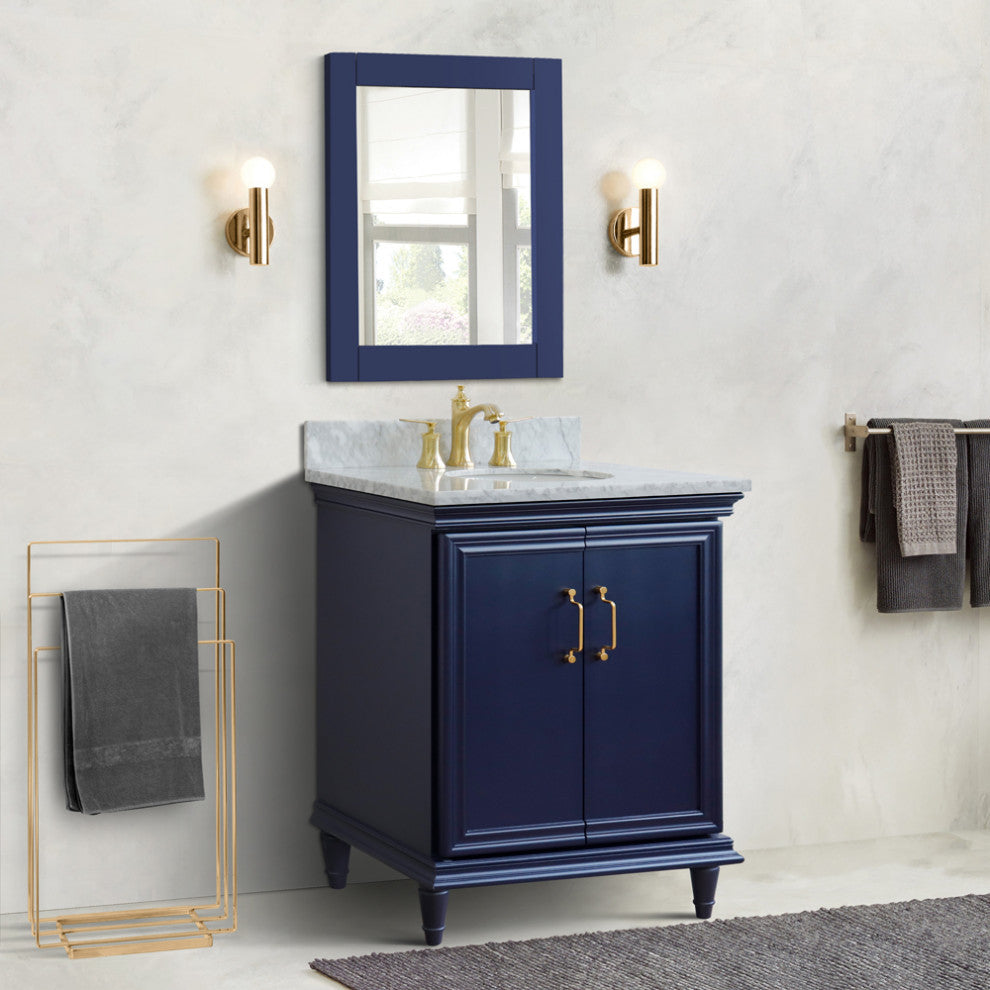 31" Single Vanity, Blue Finish With White Carrara And Oval Sink