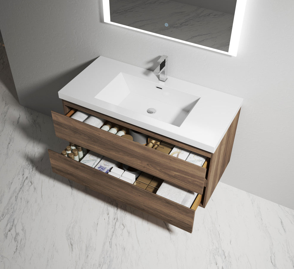 Alma-Pre Wall Mount Vanity With White Sink, Ebony Brown, 42"