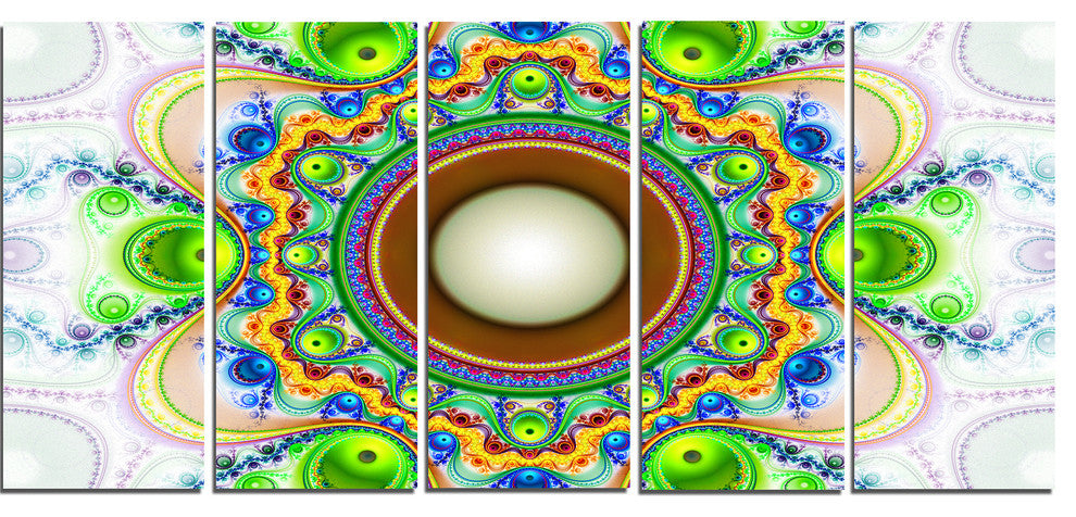 Green Fractal Circles and Waves, Abstract Canvas Art Print, 60"x28", 5 Panels