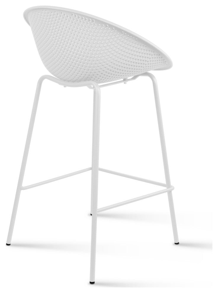 Set of 2 Modern Counter Stools with Perforated Low Back and Metal Frame, 25.5", White