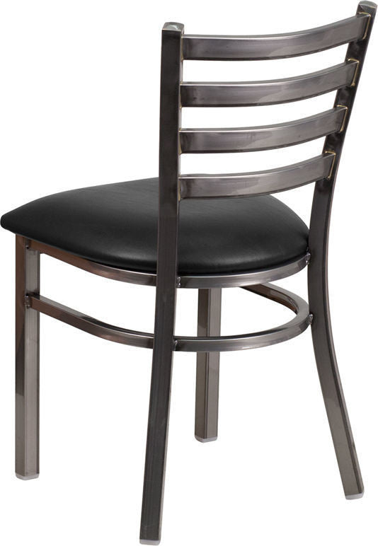 Clear Coated Ladder Back Metal Restaurant Chair, Black Vinyl Seat