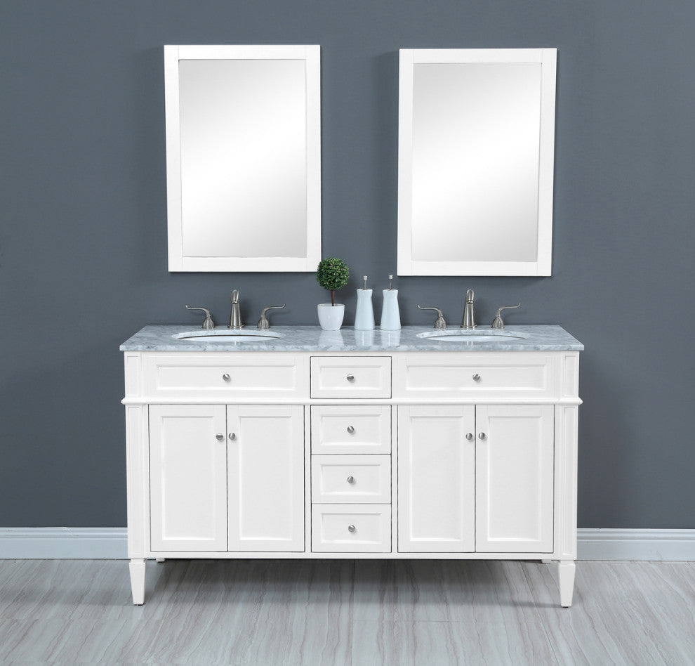 Home Living Vanity with Carrara White Marble Countertop, White, 60", Double Sink