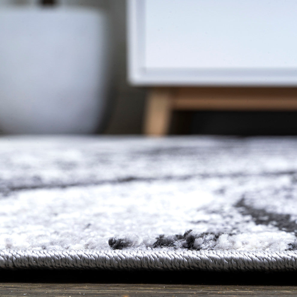 Viscon Abstract Marble Contemporary Light Gray/Black 2 ft. x 10 ft. Runner Rug