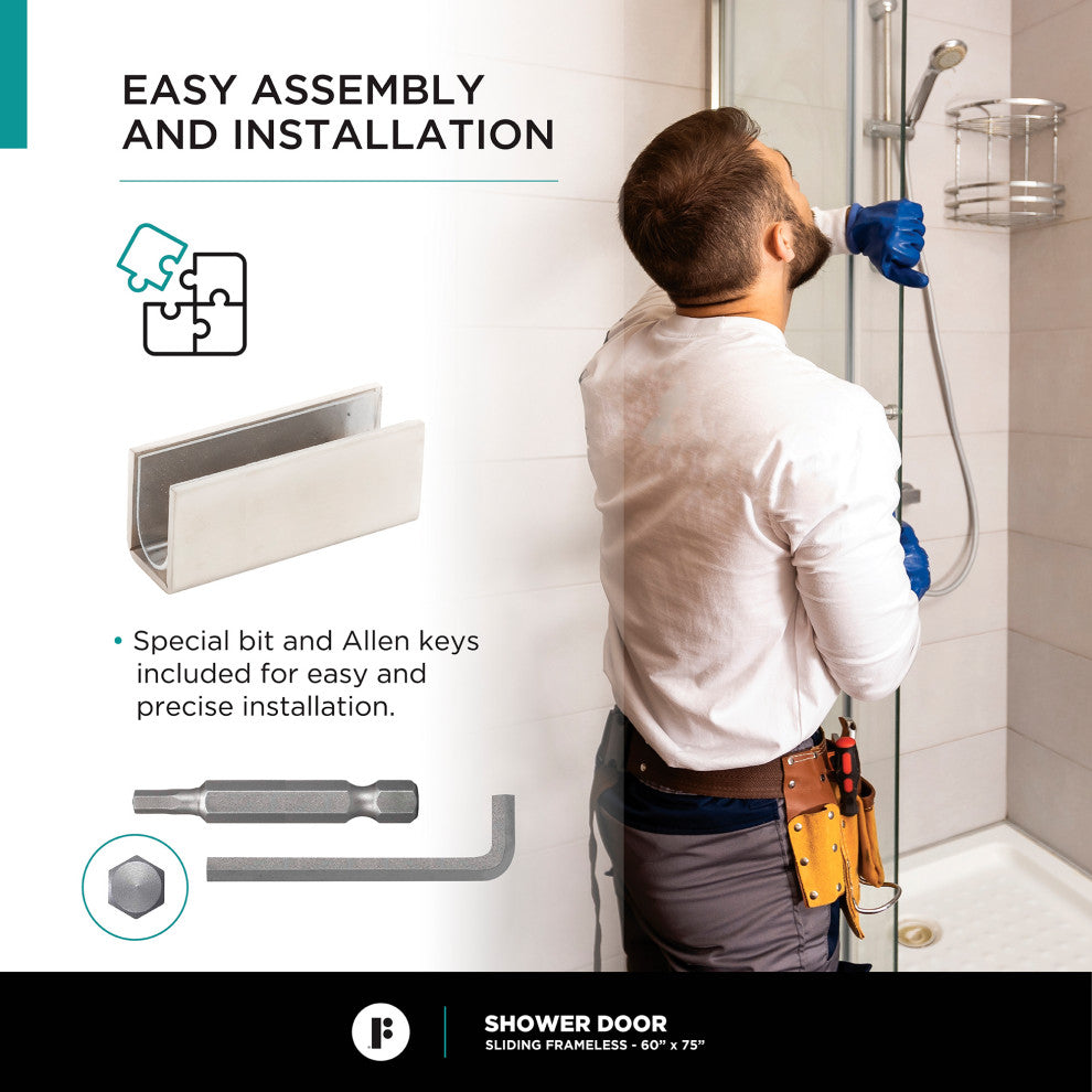 Frameless Clear Sliding Shower Door With Tempered Glass - Shower Bathroom Door, Satin Nickel, 60" X 75", Single Sliding Door