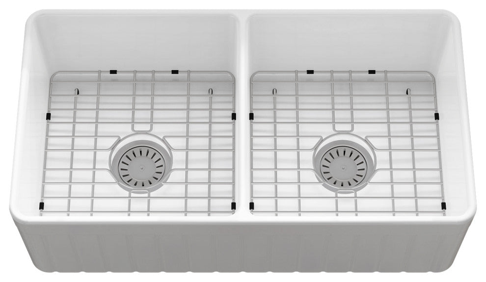 Sinber 33" Farmhouse Apron Double Bowl Kitchen Sink with Fireclay White