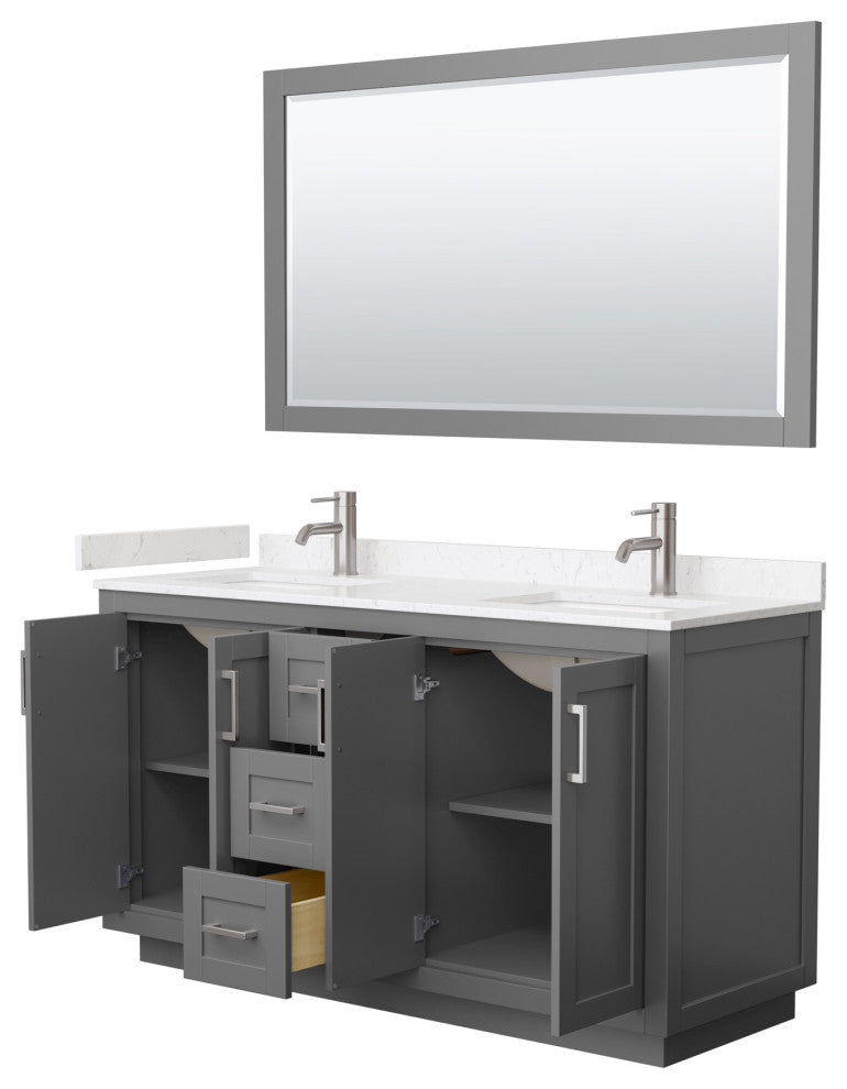 60"DBL Vanity Dark Gray, LV Carrara Cult. Top, Sinks, Nickel Trim, 58"Mirror