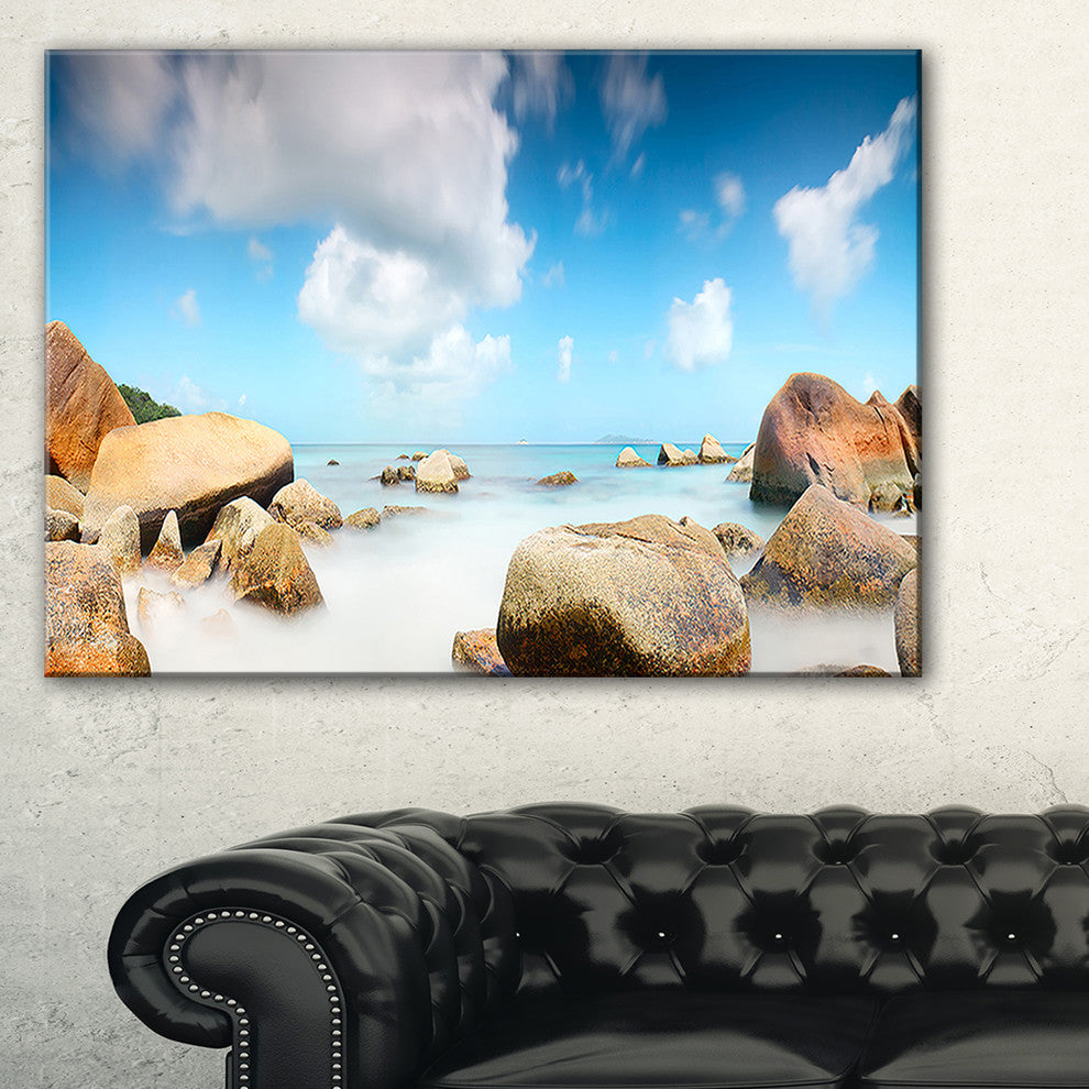 "Rocky Blue Seashore Panorama" Wall Art Landscape, 32"x16"