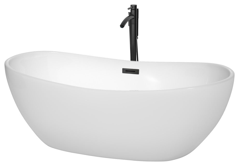 Rebecca 60 to 70" Freestanding Bathtub with options, Matte Black Trim, 65 Inch, Floor Mounted Faucet in Matte Black