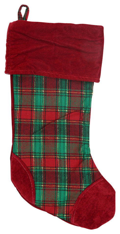 Christmas Traditions and Gold Woven Plaid and Velvet Stocking, Red Green, 19"