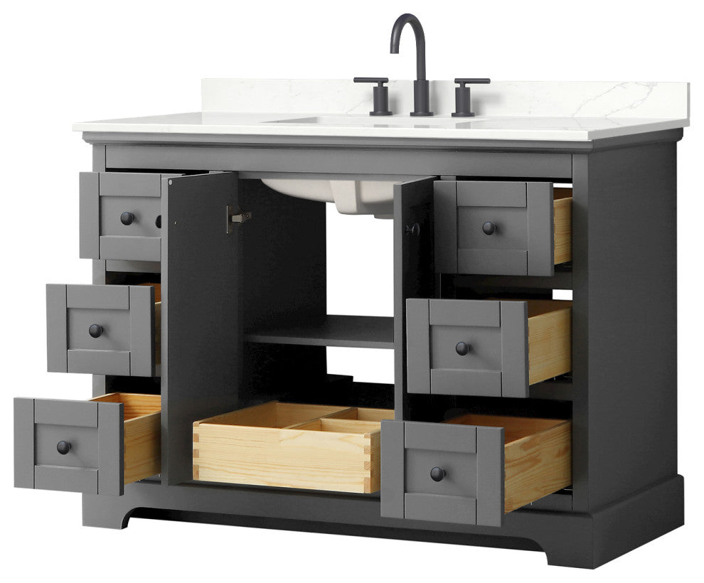 Avery 48" Dark Gray Single Vanity, Giotto Quartz Top (3-Hole), Black Trim