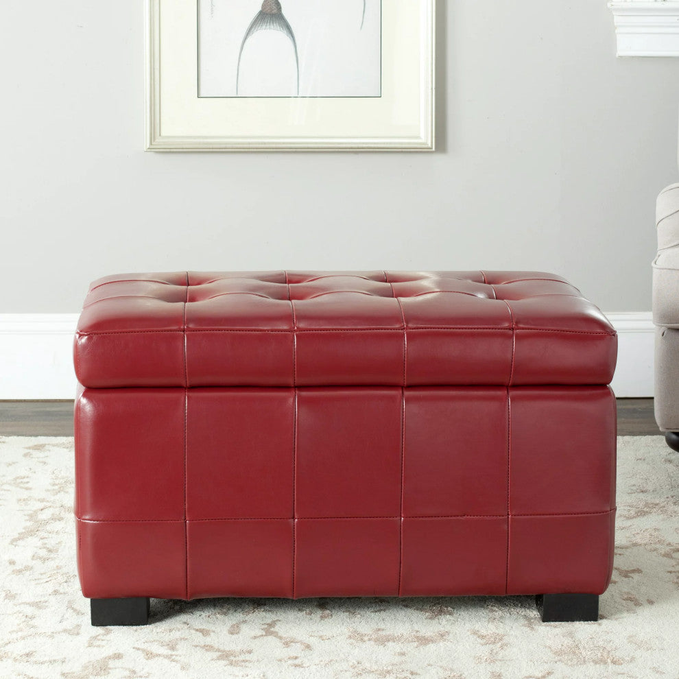 Tufted Storage Bench, Contemporary Square Stitched Faux Leather Upholstery, Red
