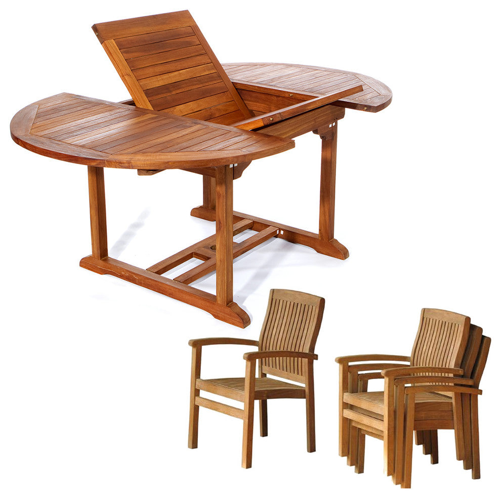 5-Piece Set Teak Oval Extension Table With Stacking Arm Chair, Without Cushion